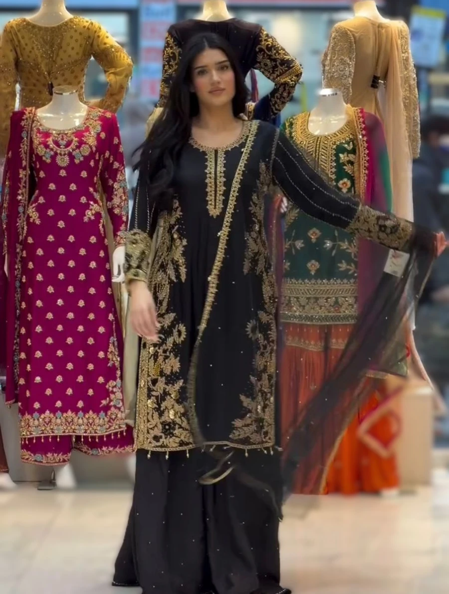 DESIGNER ROMAN SILK EMBROIDERY CHAIN SEQUENCE WITH LACE BORDER WORK TOP PALAZZO WITH DUPATTA FESTIVE WEAR WHOLESALE PRICE ETHNIC GARMENT (1)