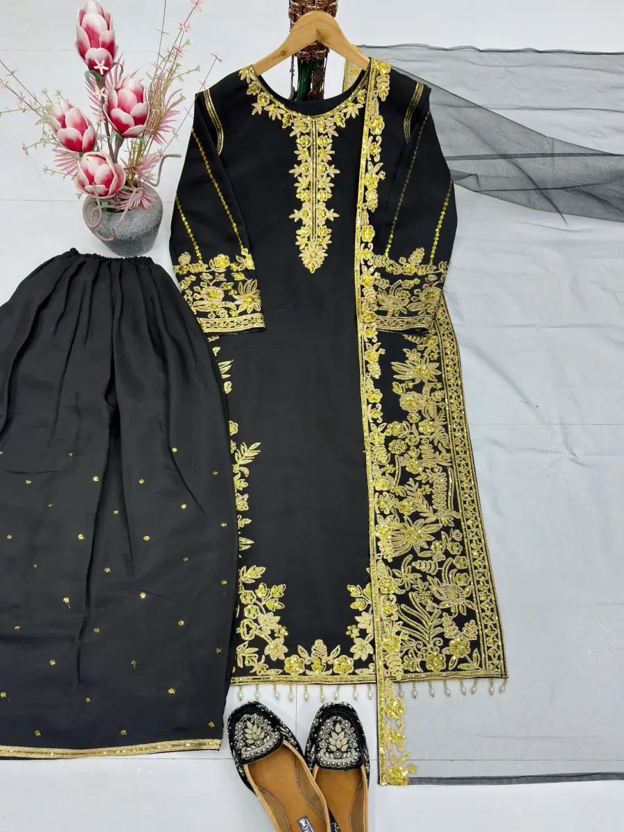 DESIGNER ROMAN SILK EMBROIDERY CHAIN SEQUENCE WITH LACE BORDER WORK TOP PALAZZO WITH DUPATTA FESTIVE WEAR WHOLESALE PRICE ETHNIC GARMENT (5)