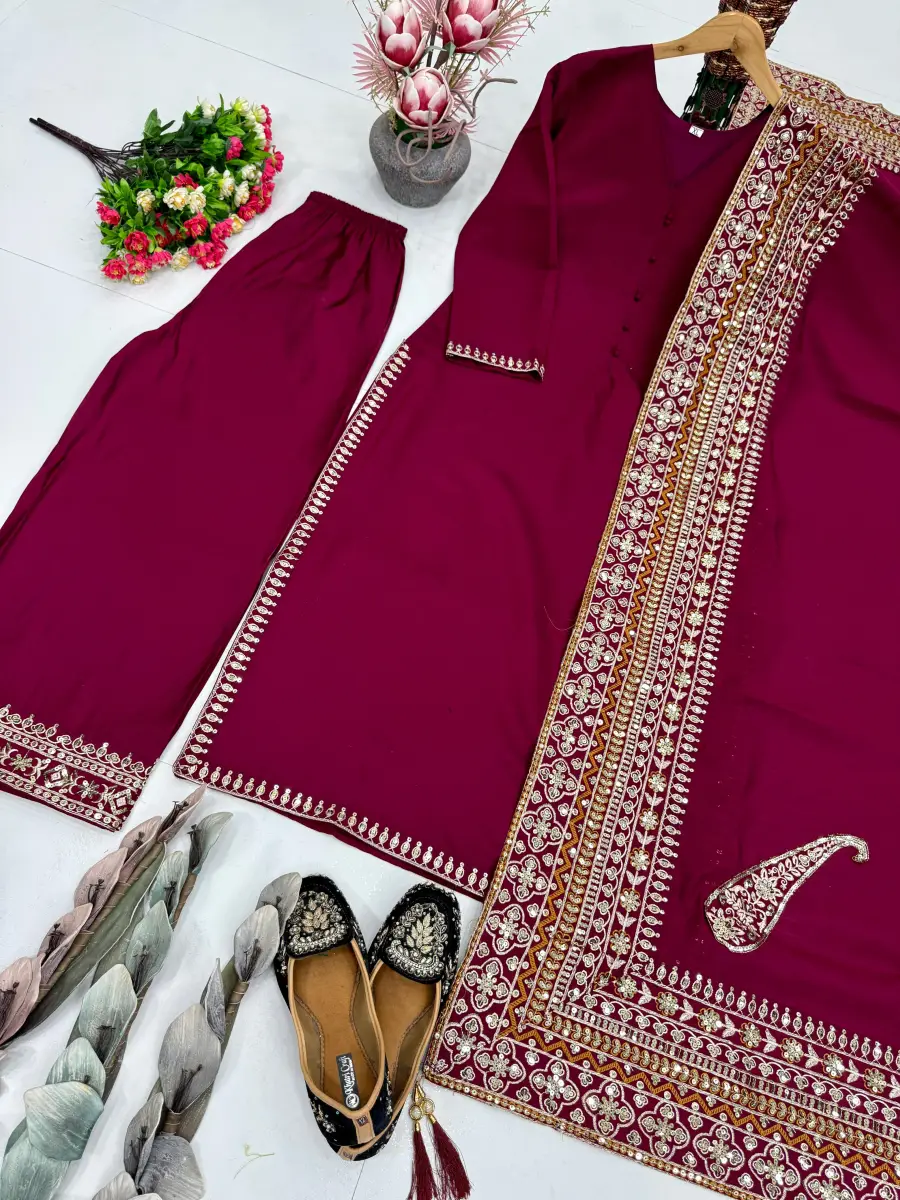 DESIGNER ROMAN SILK EMBROIDERY SEQUENCE WORK TOP PALAZZO WITH DUPATTA FESTIVE WEAR WHOLESALE PRICE ETHNIC GARMENT (14)
