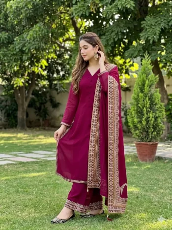 DESIGNER ROMAN SILK EMBROIDERY SEQUENCE WORK TOP PALAZZO WITH DUPATTA WINE