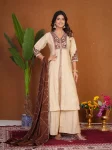 DESIGNER ROMAN SILK MULTI EMBROIDERY THREAD WITH BEAUTIFUL HAND WORK TOP PALAZZO WITH DUPATTA CREAM AND BROWN