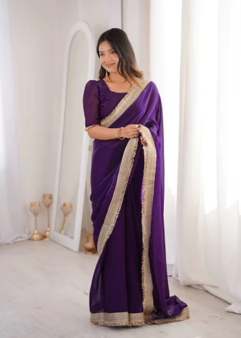 DESIGNER SATIN SILK FANCY SEQUENCE LACE BORDER WORK SAREE WITH UNSTITCHED BLOUSE PURPLE