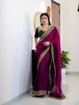 DESIGNER SATIN SILK MULTI THREAD WITH JARI DORI & 5 MM SEQUENCE WITH FANCY FARK LACE BORDER WORK SAREE WITH UNSTITCHED BLOUSE WINE