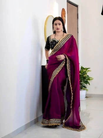 DESIGNER SATIN SILK MULTI THREAD WITH JARI DORI & 5 MM SEQUENCE WITH FANCY FARK LACE BORDER WORK SAREE WITH UNSTITCHED BLOUSE WINE