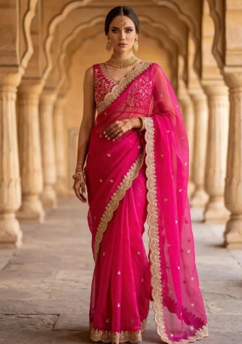 DESIGNER SATIN SILK SEQUENCE WITH JARI DORI EMBROIDERY  WITH CUTWORK BORDER SAREE WITH UNSTITCHED BLOUSE PINK