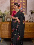 DESIGNER TABBY FLOWER PRINT WITH FLOWER CUT DANA HANDWORK SAREE WITH UNSTITCHED BLOUSE BLACK