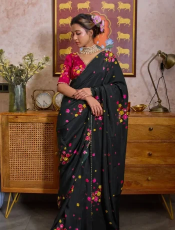 DESIGNER TABBY FLOWER PRINT WITH FLOWER CUT DANA HANDWORK SAREE WITH UNSTITCHED BLOUSE BLACK