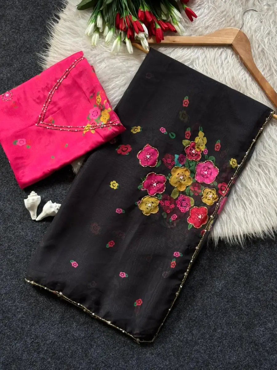 DESIGNER TABBY FLOWER PRINT WITH FLOWER CUT DANA HANDWORK SAREE WITH UNSTITCHED BLOUSE PARTY WEAR WHOLESALE PRICE ETHNIC GARMENT (5)