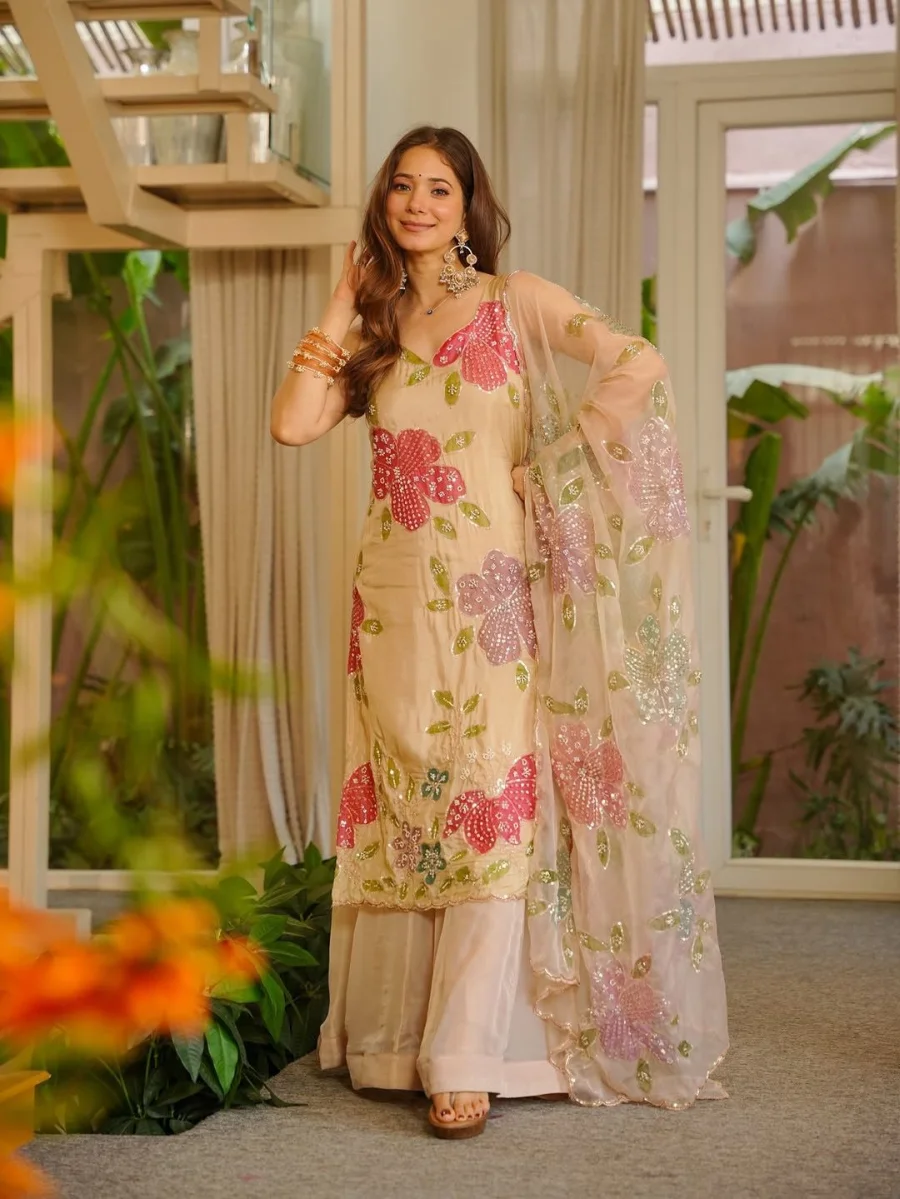DESIGNER TABBY ORGANZA SILK BRUSH PRINT WITH INTRICATE SEQUENCE WORK TOP PALAZZO WITH DUPATTA FESTIVE WEAR WHOLESALE PRICE ETHNIC GARMENT (16)