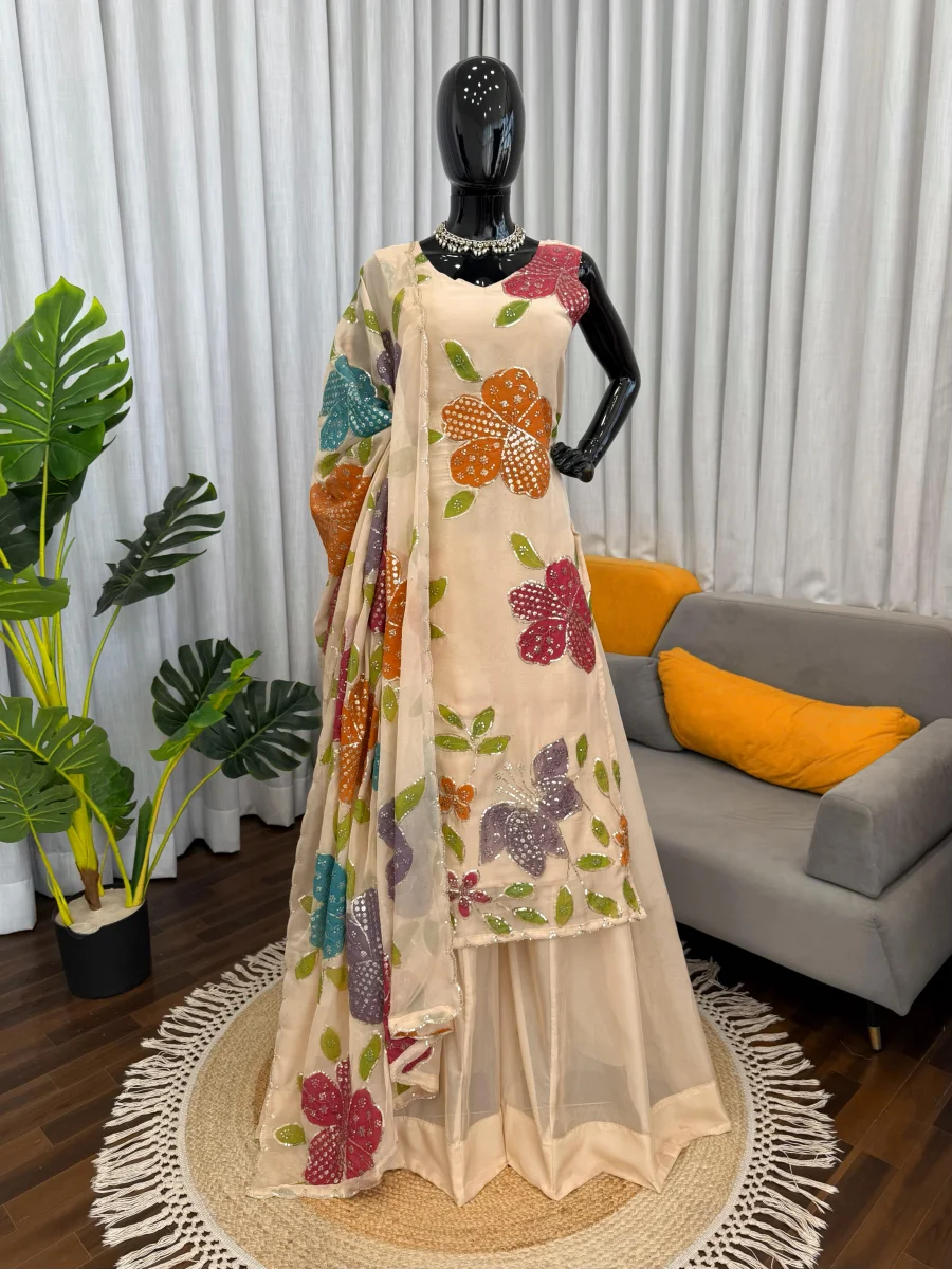DESIGNER TABBY ORGANZA SILK BRUSH PRINT WITH INTRICATE SEQUENCE WORK TOP PALAZZO WITH DUPATTA FESTIVE WEAR WHOLESALE PRICE ETHNIC GARMENT (5)