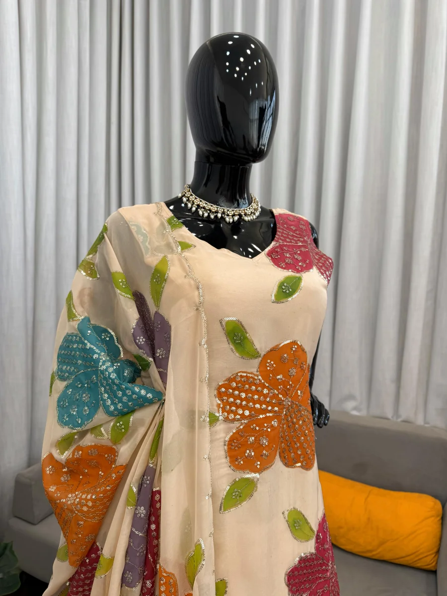 DESIGNER TABBY ORGANZA SILK BRUSH PRINT WITH INTRICATE SEQUENCE WORK TOP PALAZZO WITH DUPATTA FESTIVE WEAR WHOLESALE PRICE ETHNIC GARMENT (7)