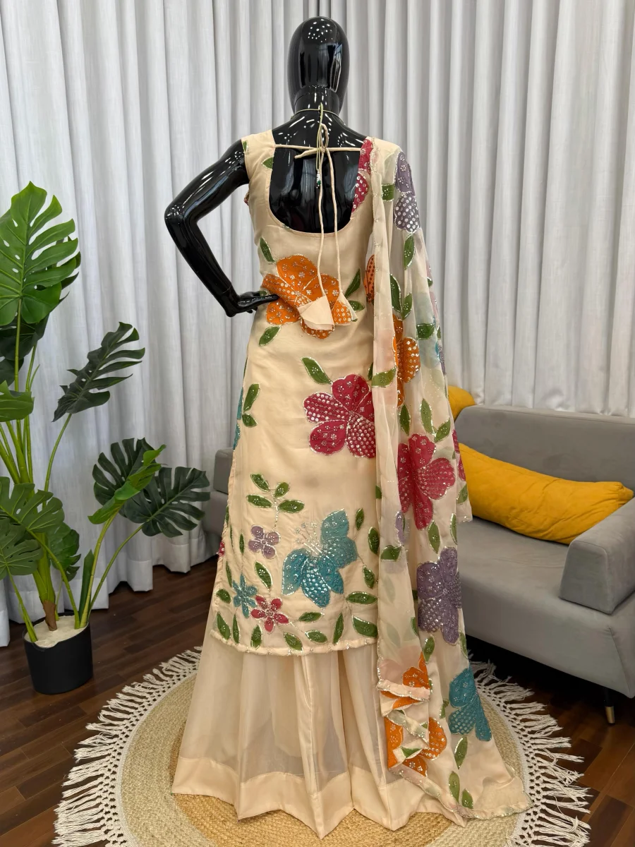 DESIGNER TABBY ORGANZA SILK BRUSH PRINT WITH INTRICATE SEQUENCE WORK TOP PALAZZO WITH DUPATTA FESTIVE WEAR WHOLESALE PRICE ETHNIC GARMENT (8)