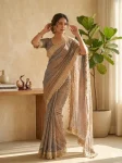 DESIGNER TABBY SILK FLORAL PRINT WITH BEADS AND CUTDANA HANDWORK SAREE WITH UNSTITCHED BLOUSE TEAL