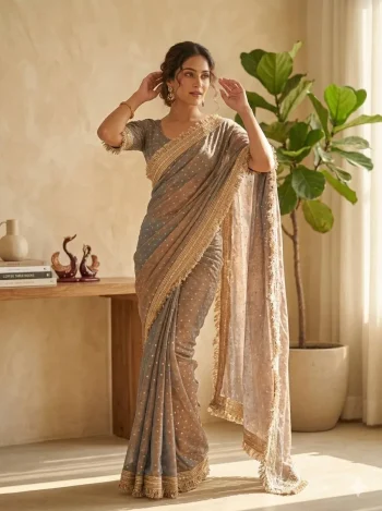 DESIGNER TABBY SILK FLORAL PRINT WITH BEADS AND CUTDANA HANDWORK SAREE WITH UNSTITCHED BLOUSE TEAL