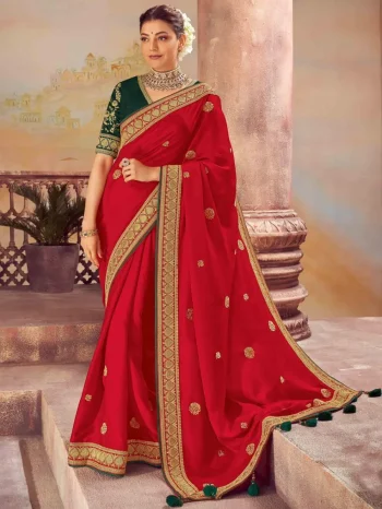 DESIGNER VICHITRA SILK EMBROIDERY SEQUENCE WORK SAREE WITH UNSTITCHED BLOUSE RED