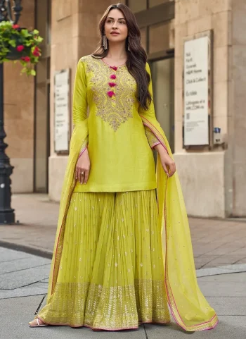 DESIGNER VICHITRA SILK EMBROIDERY SEQUENCE WORK TOP SHARARA WITH DUPATTA LEMON