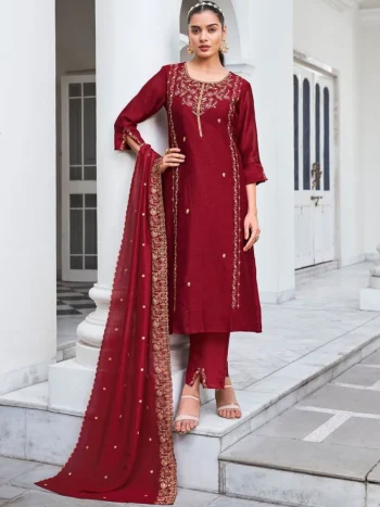 DESIGNER VICHITRA SILK SEQUENCE EMBROIDERY WORK TOP BOTTOM WITH DUPATTA RED