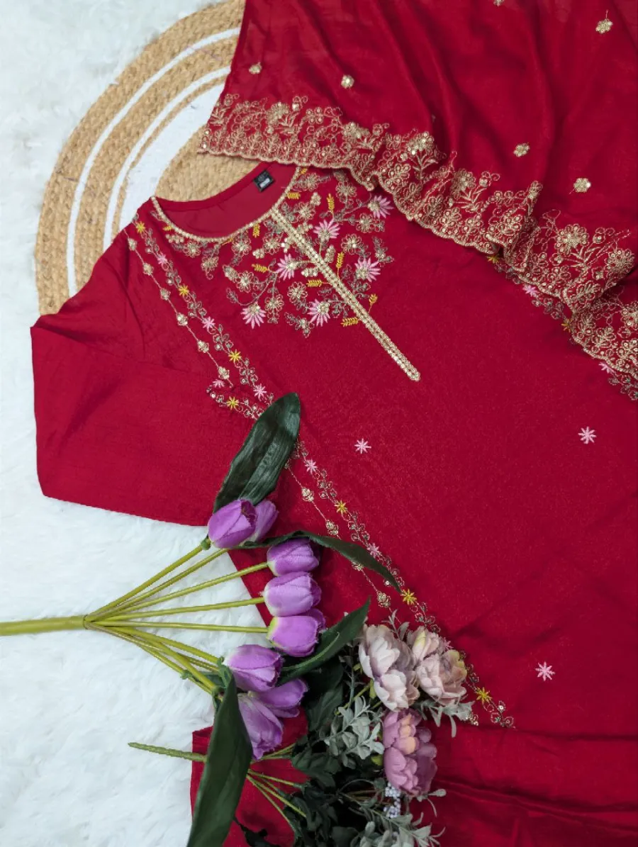 DESIGNER VICHITRA SILK SEQUENCE EMBROIDERY WORK TOP BOTTOM WITH DUPATTA FESTIVE WEAR WHOLESALE PRICE ETHNIC GARMENT (6)