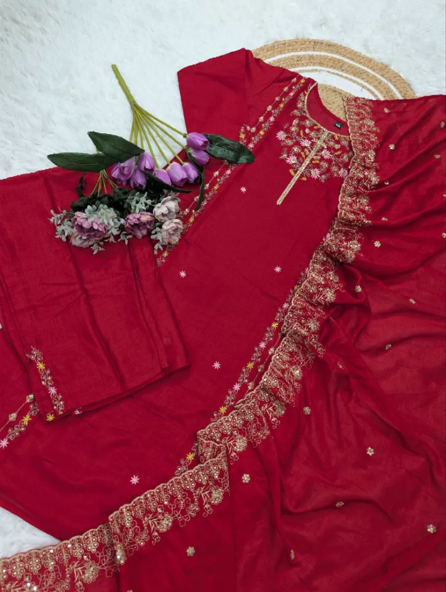 DESIGNER VICHITRA SILK SEQUENCE EMBROIDERY WORK TOP BOTTOM WITH DUPATTA FESTIVE WEAR WHOLESALE PRICE ETHNIC GARMENT (8)