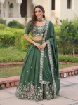 DESIGNER VICHITRA SILK SEQUENCE, ZARI & THREAD EMBROIDERY WORK LEHENGA CHOLI WITH DUPATTA GREEN