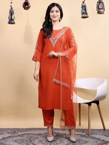 FANCY BLEND COTTON EMBROIDERY WORK TOP BOTTOM WITH DUPATTA ORANGE