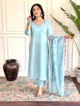 FANCY CHANDERI EMBROIDERY WORK TOP BOTTOM WITH DUPATTA SKY