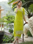 FANCY CHANDERI SILK EMBROIDERY CODING SEQUENCE THREAD WORK TOP BOTTOM SET PARROT GREEN