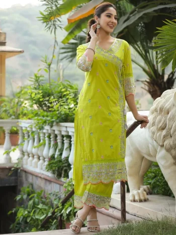 FANCY CHANDERI SILK EMBROIDERY CODING  SEQUENCE THREAD WORK TOP BOTTOM SET PARROT GREEN