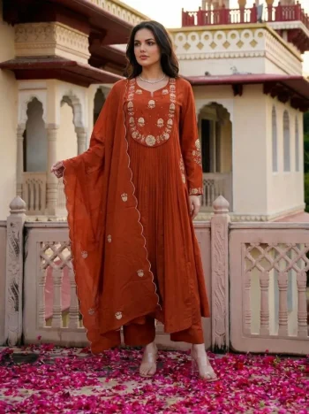 FANCY CHANDERI SILK EMBROIDERY WORK TOP BOTTOM WITH DUPATTA GAJARI