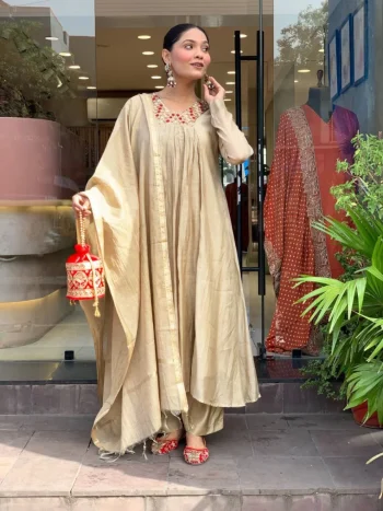 FANCY CHANDERI SILK SEQUENCE EMBROIDERY WORK TOP BOTTOM WITH DUPATTA CREAM
