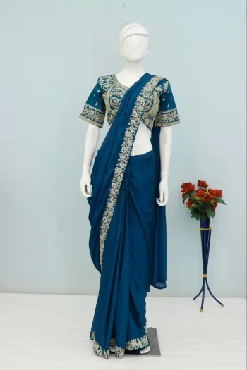 FANCY CHINON EMBROIDERY SEQUENCE WORK READY TO WEAR SAREE WITH STITCHED BLOUSE RAMA