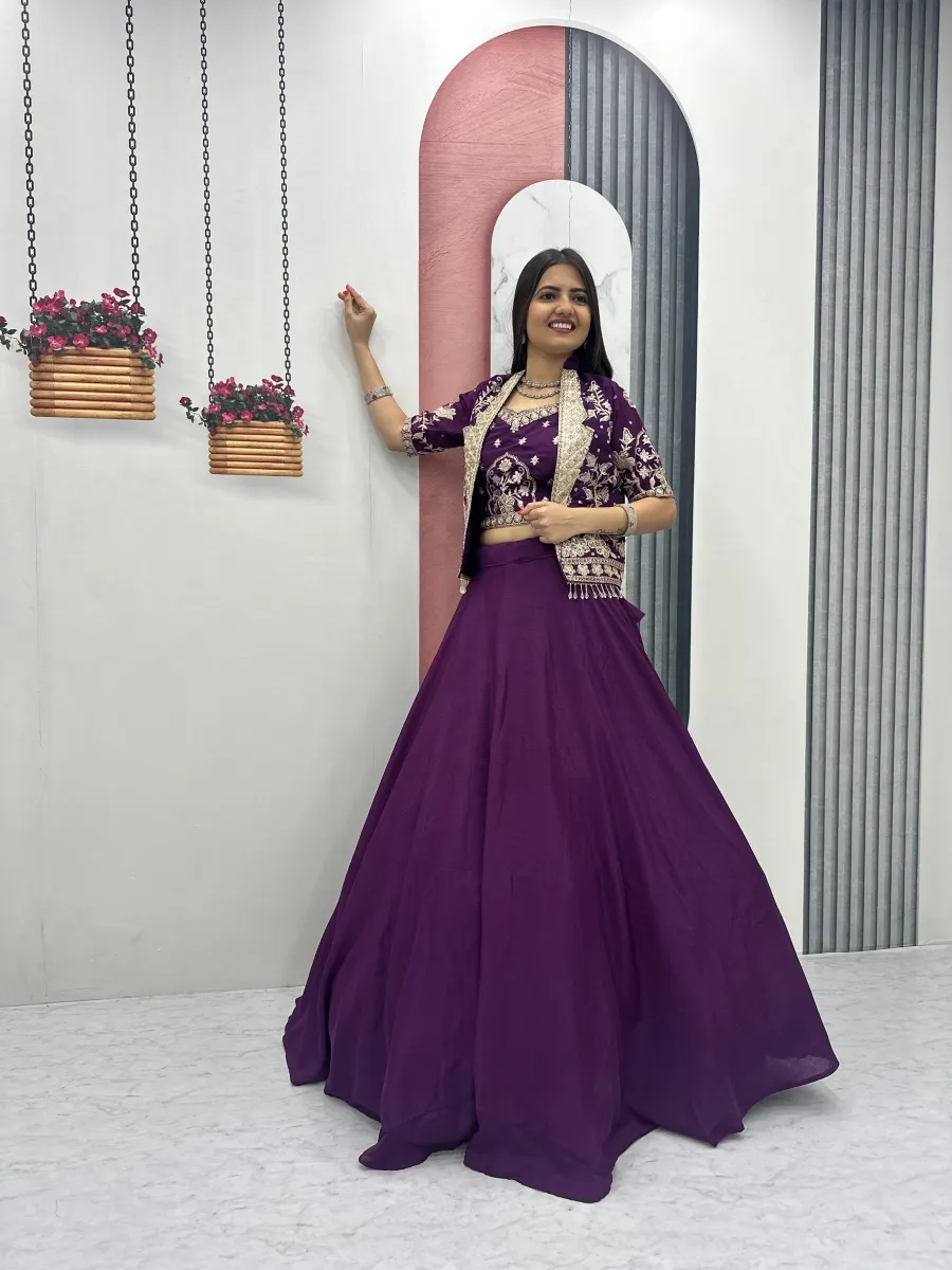 FANCY CHINON EMBROIDERY THREAD AND SEQUENCE WORK LEHENGA CHOLI WITH JACKET WEDDING WEAR WHOLESALE PRICE ETHNIC GARMENT (11)