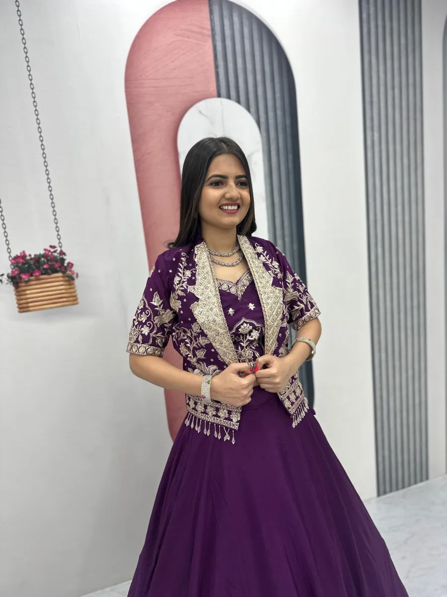 FANCY CHINON EMBROIDERY THREAD AND SEQUENCE WORK LEHENGA CHOLI WITH JACKET WEDDING WEAR WHOLESALE PRICE ETHNIC GARMENT (13)
