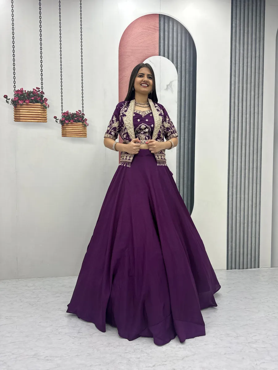 FANCY CHINON EMBROIDERY THREAD AND SEQUENCE WORK LEHENGA CHOLI WITH JACKET WEDDING WEAR WHOLESALE PRICE ETHNIC GARMENT (15)