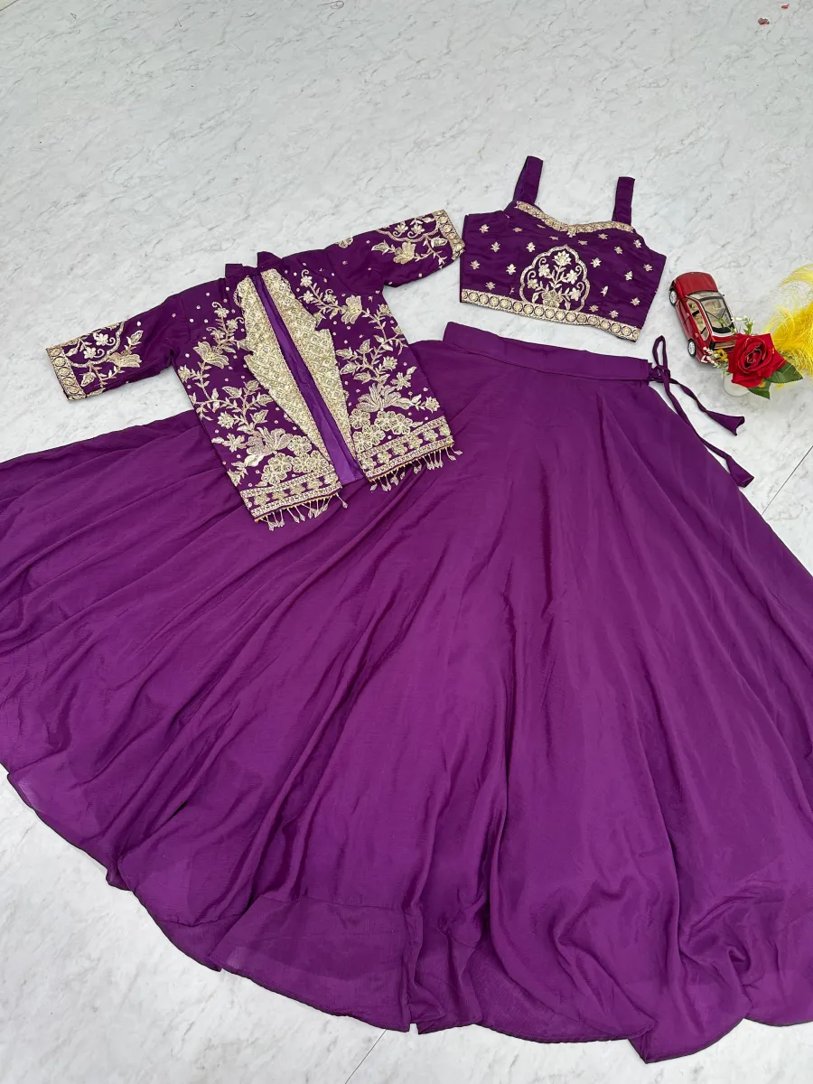 FANCY CHINON EMBROIDERY THREAD AND SEQUENCE WORK LEHENGA CHOLI WITH JACKET WEDDING WEAR WHOLESALE PRICE ETHNIC GARMENT (19)