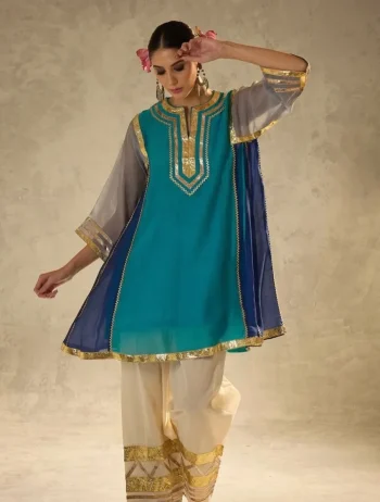FANCY CHINON FANCY GOTA PATTI WORK TOP BOTTOM SET RAMA AND WHITE