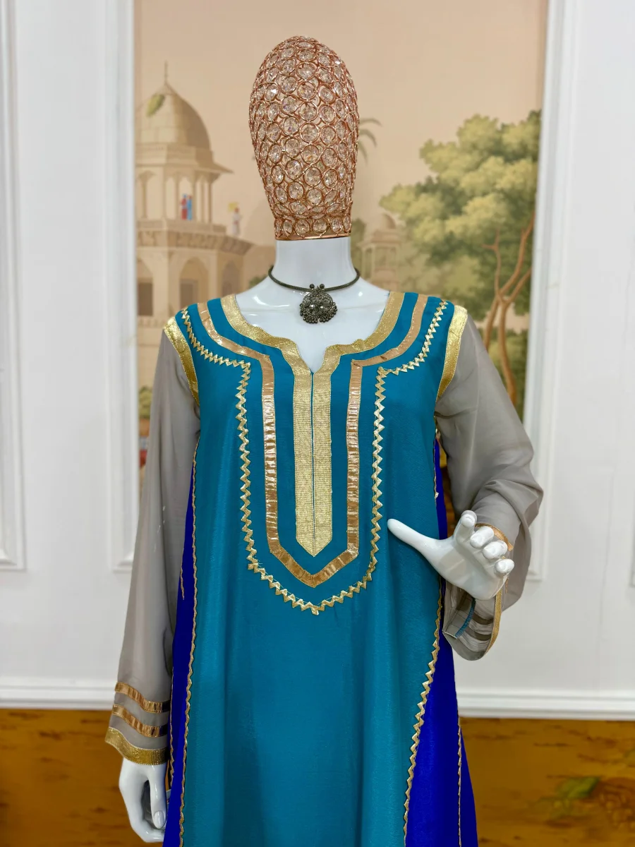 FANCY CHINON FANCY GOTA PATTI WORK TOP BOTTOM SET RAMA AND WHITE (5)