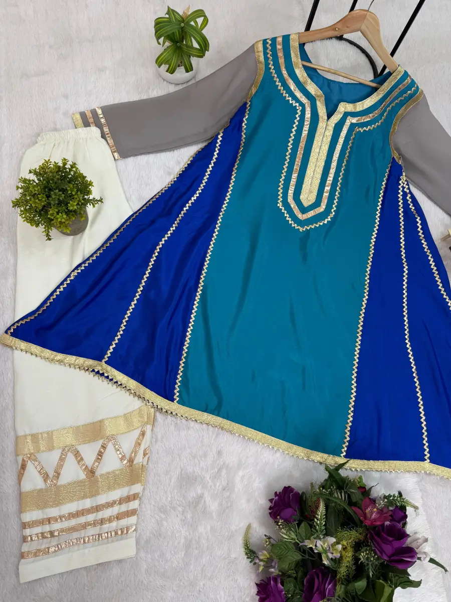 FANCY CHINON FANCY GOTA PATTI WORK TOP BOTTOM SET RAMA AND WHITE (6)