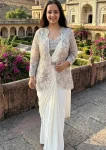 FANCY CHINON READY TOWEAR SAREE WITH MULTI THREAD EMBROIDERY WITH SEQUENCE WORK STITCHED BLOUSE AND KOTI OFF WHITE