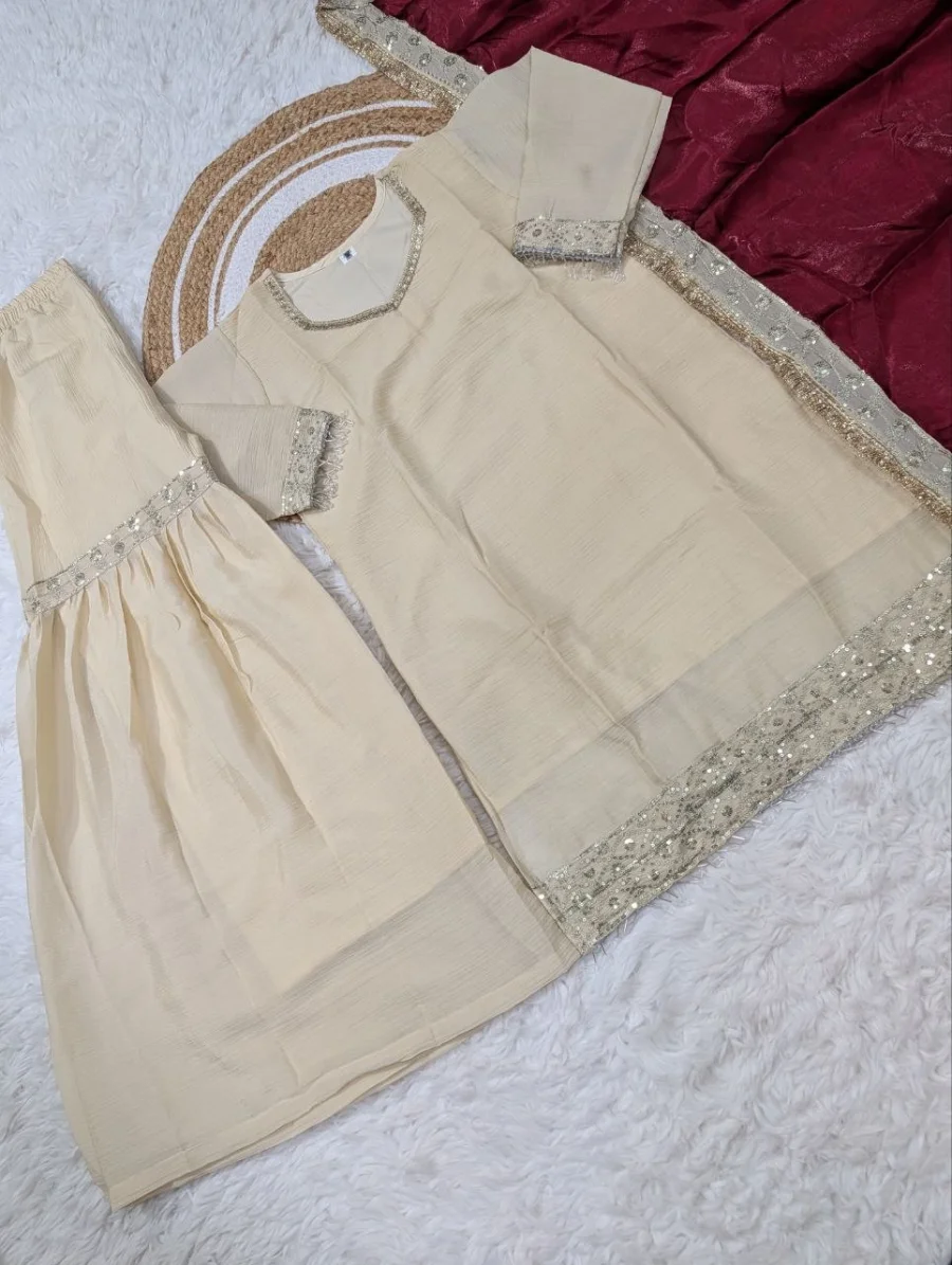 FANCY CHINON SEQUENCE EMBROIDERY WORK TOP SHARARA WITH DUPATTA FESTIVE WEAR WHOLESALE PRICE ETHNIC GARMENT (1)
