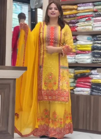 FANCY CHINON SILK DIGITAL PRINT + REAL MIRROR WORK TOP PALAZZO WITH DUPATTA YELLOW