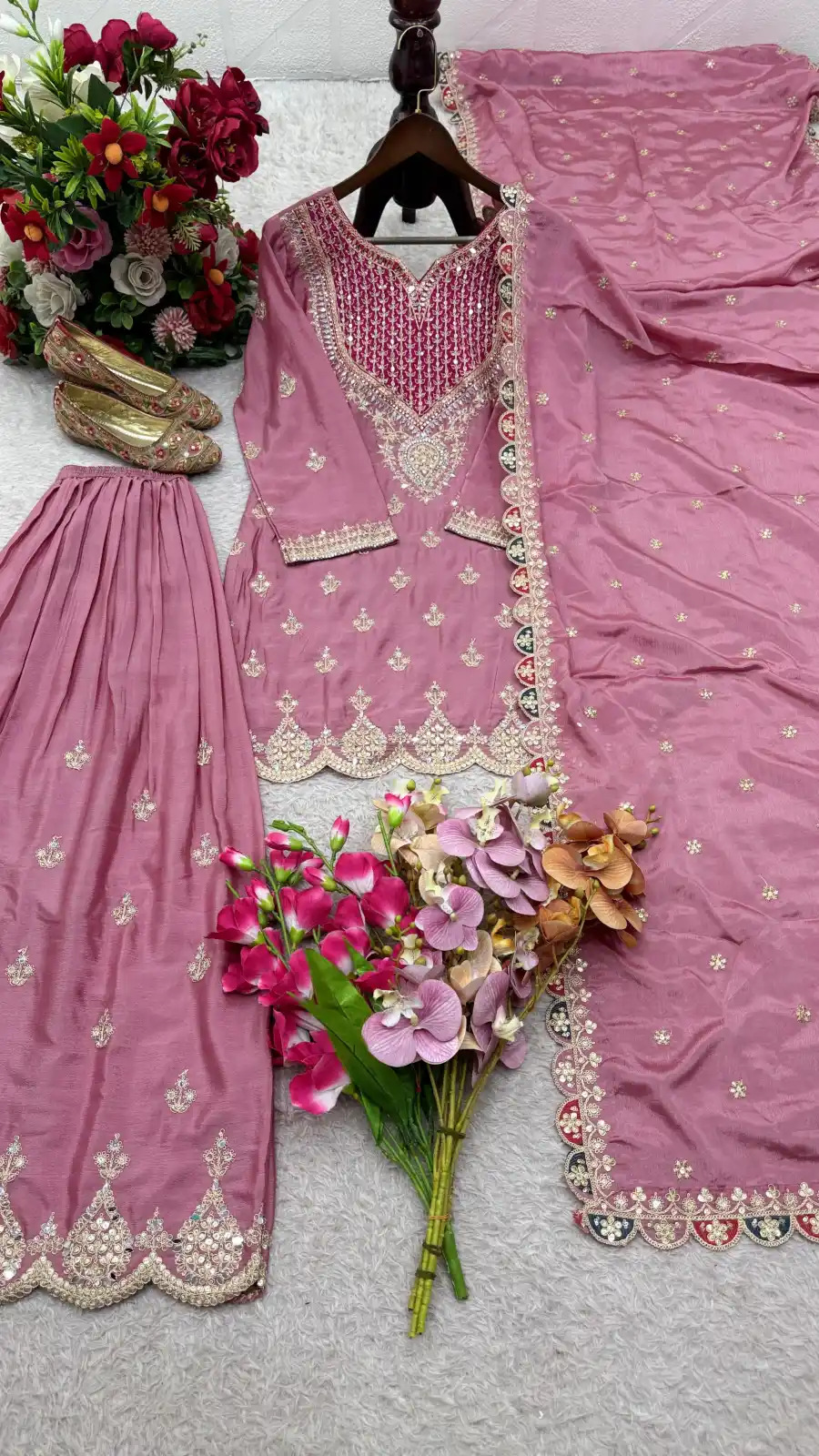 FANCY CHINON SILK EMBROIDERY CODING SEQUENCE WORK WITH HANDS WORKS MIRROR DIAMOND WORK TOP PALAZZO WITH DUPATTA FESTIVE WEAR WHOLESALE PRICE ETHNIC GARMENT (1)