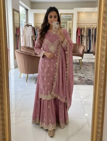 FANCY CHINON SILK EMBROIDERY CODING SEQUENCE WORK WITH HANDS WORKS MIRROR DIAMOND WORK TOP PALAZZO WITH DUPATTA BABY PINK