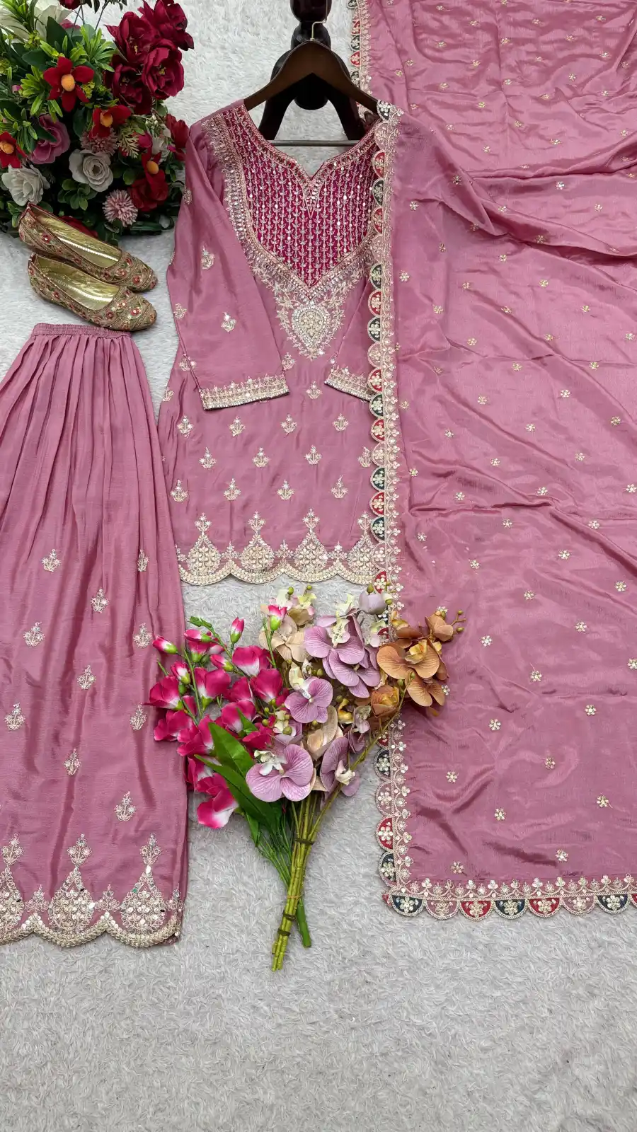 FANCY CHINON SILK EMBROIDERY CODING SEQUENCE WORK WITH HANDS WORKS MIRROR DIAMOND WORK TOP PALAZZO WITH DUPATTA FESTIVE WEAR WHOLESALE PRICE ETHNIC GARMENT (5)