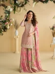 FANCY CHINON SILK EMBROIDERY SEQUENCE WITH CODING WORK TOP PALAZZO WITH DUPATTA BABY PINK