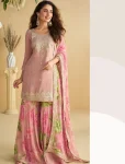 FANCY CHINON SILK EMBROIDERY SEQUENCE WITH CODING WORK TOP PALAZZO WITH DUPATTA FESTIVE WEAR WHOLESALE PRICE ETHNIC GARMENT (3)