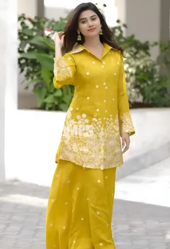 FANCY CHINON SILK EMBROIDERY SEQUENCE WORK CO-ORD SET YELLOW