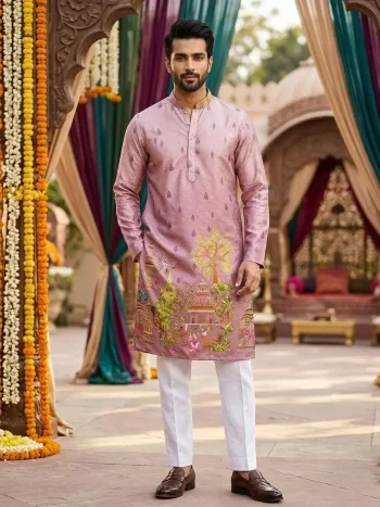 FANCY COTTON CROCHET SEQUENCE WITH DIGITAL PRINT  WORK MEN'S KURTA PAYJAMA PINK