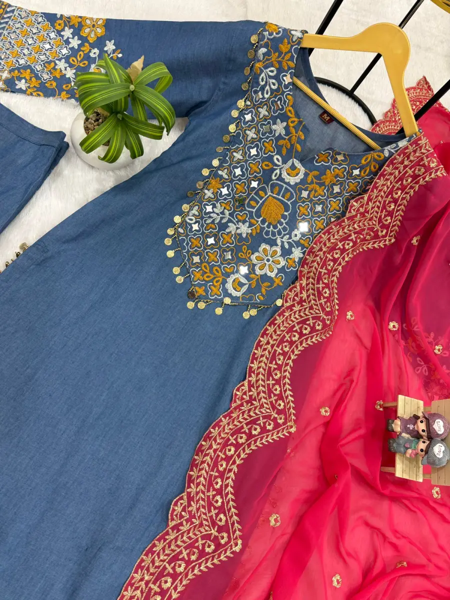 FANCY COTTON DENIM EMBROIDERY, REAL MIRROR AND LACE WORK TOP BOTTOM WITH DUPATTA FESTIVE WEAR WHOLESALE PRICE ETHNIC GARMENT (1)