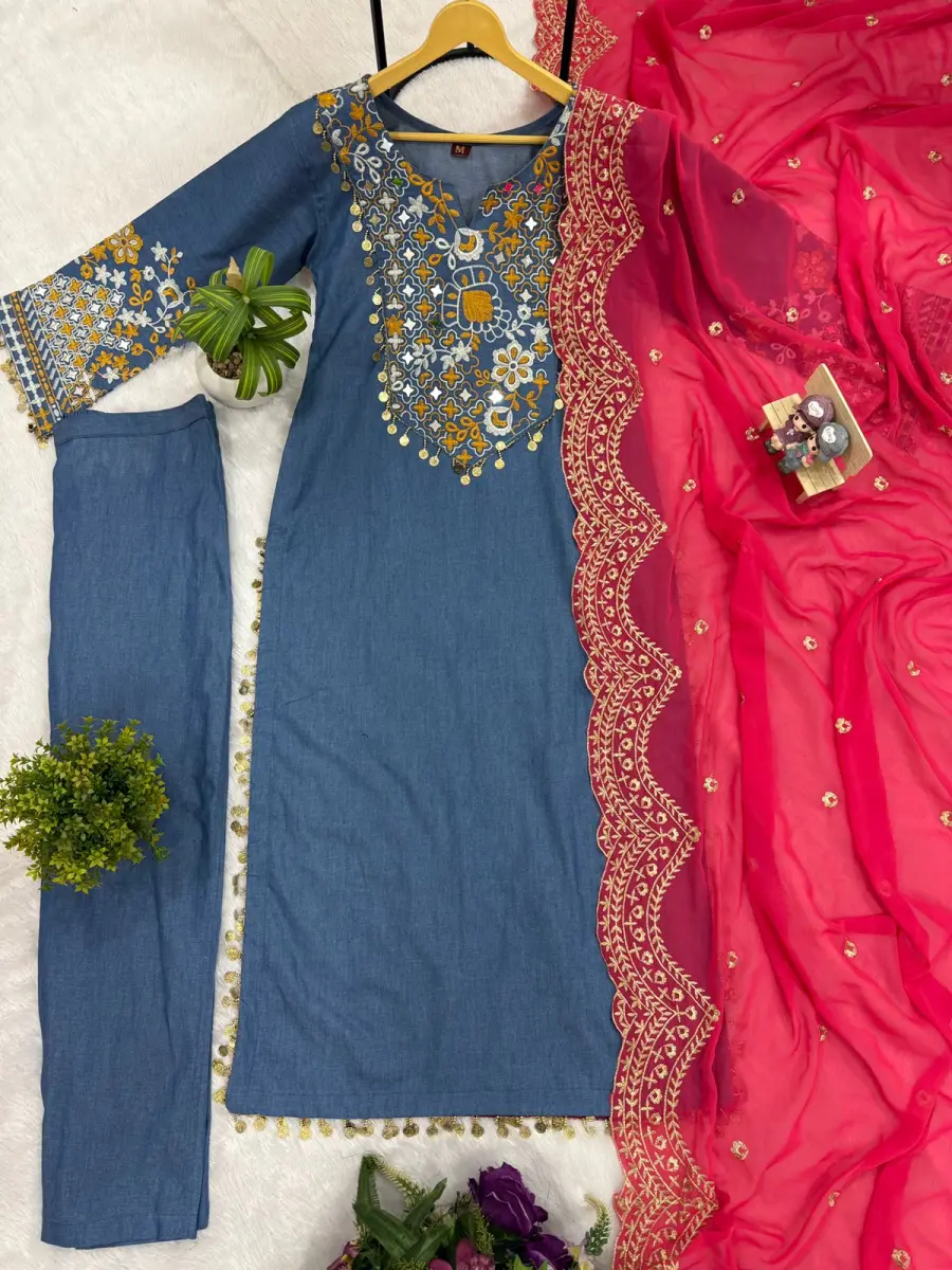 FANCY COTTON DENIM EMBROIDERY, REAL MIRROR AND LACE WORK TOP BOTTOM WITH DUPATTA FESTIVE WEAR WHOLESALE PRICE ETHNIC GARMENT (17)